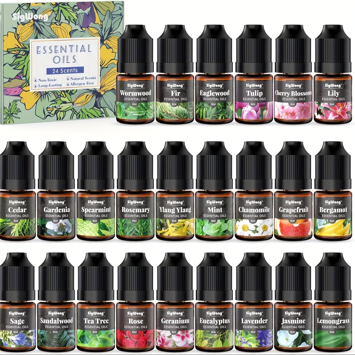 Essential Oils Set, 24 Scents Fragrance Oil for Candle Soap Making, Long Lasting Natural Essential Oil for Diffuser, Humidifier, Scented Oils for Body Massage, DIY Candle Making, 6ml/0.25fl.oz Each