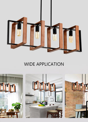 4-Light Kitchen Island Lights Pendant Light Farmhouse Dining Room Light Fixture, Rustic Wood And Black Metal Rectangular Chandelier, Hanging Lighting For Living Room,Conference Room, Home Office