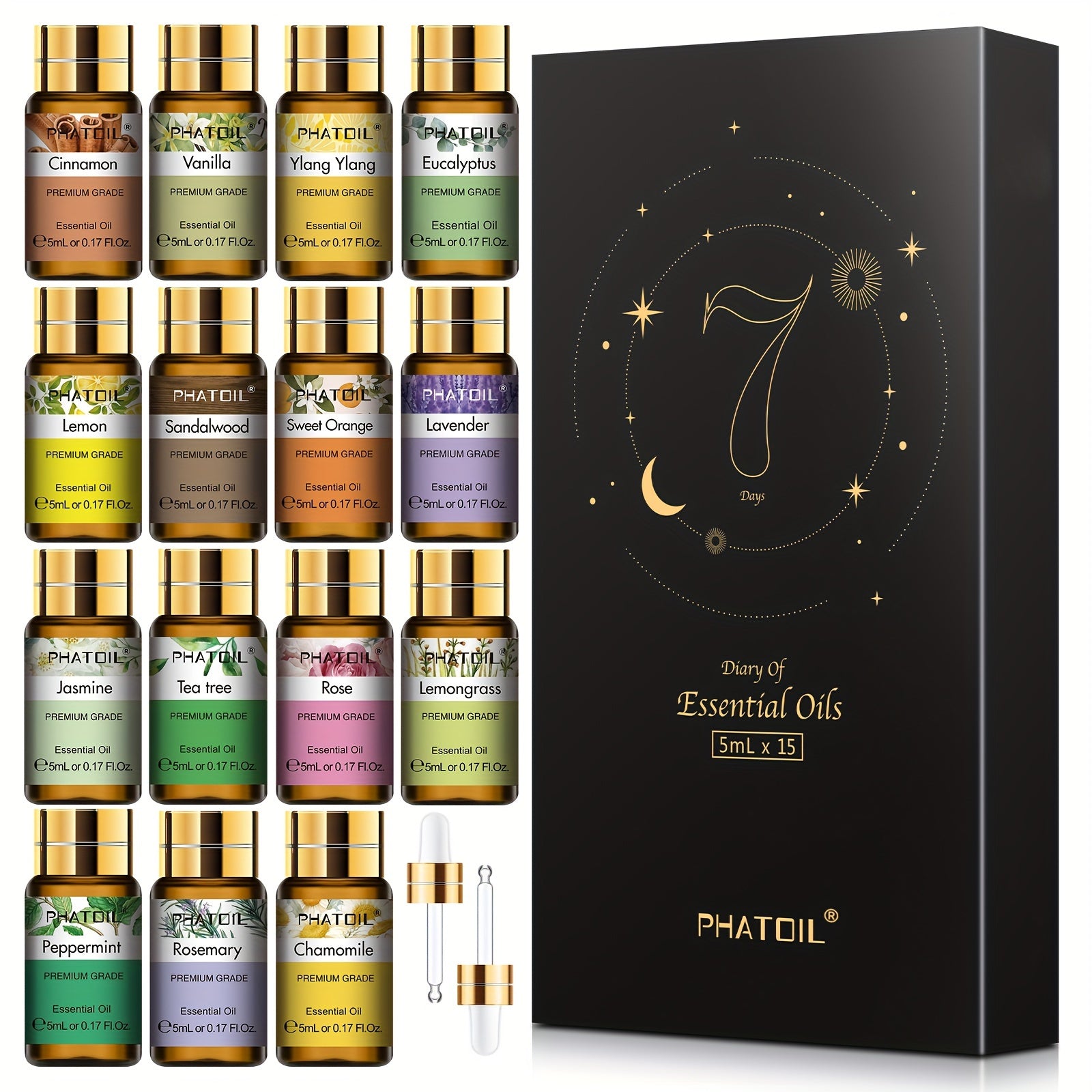PHATOIL 15pcs 5ml/0.17Fl.Oz Essential Oils Gift Set For Diffuser Humidifier Reed Diffuser