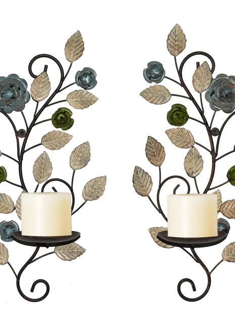 JUCONSIN Wall Sconces Candle Holder Set of 2 Antique Multi-Color Leaf Branch Wall Mount Hanging Metal Wall Candle Holder Candle Sconce for Living Room Dining Room