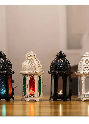 Moroccan Glass Candle Holder with Metal Wind Lamp