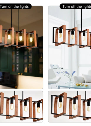 4-Light Kitchen Island Lights Pendant Light Farmhouse Dining Room Light Fixture, Rustic Wood And Black Metal Rectangular Chandelier, Hanging Lighting For Living Room,Conference Room, Home Office