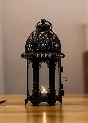 Moroccan Glass Candle Holder with Metal Wind Lamp