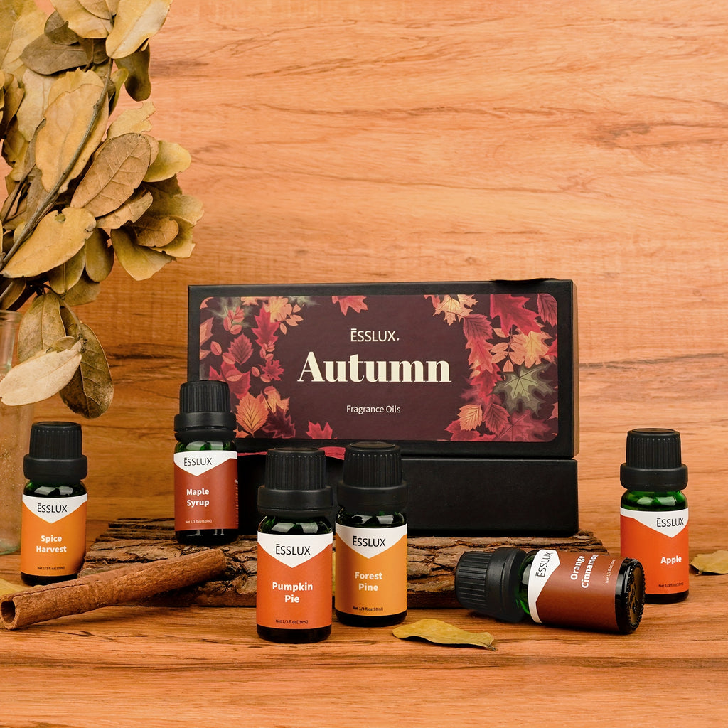 6x0.34oz Fall Fragrance Oil, ESSLUX Autumn Set Of Scented Oils, Candle Making Scents, Aromatherapy Essential Oils Gift Set For Home Diffuser, Laundry Dryer Ball, Forest Pine, Orange Cinnamon, Pumpkin Pie, Apple, Spice Harvest