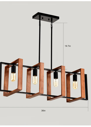 4-Light Kitchen Island Lights Pendant Light Farmhouse Dining Room Light Fixture, Rustic Wood And Black Metal Rectangular Chandelier, Hanging Lighting For Living Room,Conference Room, Home Office