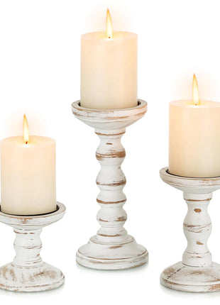 Romadedi Wood Candle Holders for Pillar Candles - Set of 3 Tall Farmhouse Wooden Candlestick Holder Rustic Candle Stand for Fireplace Mantle Shelf Table Home Decor Brown Whitewashed 3.9"/6"/ 8.3"