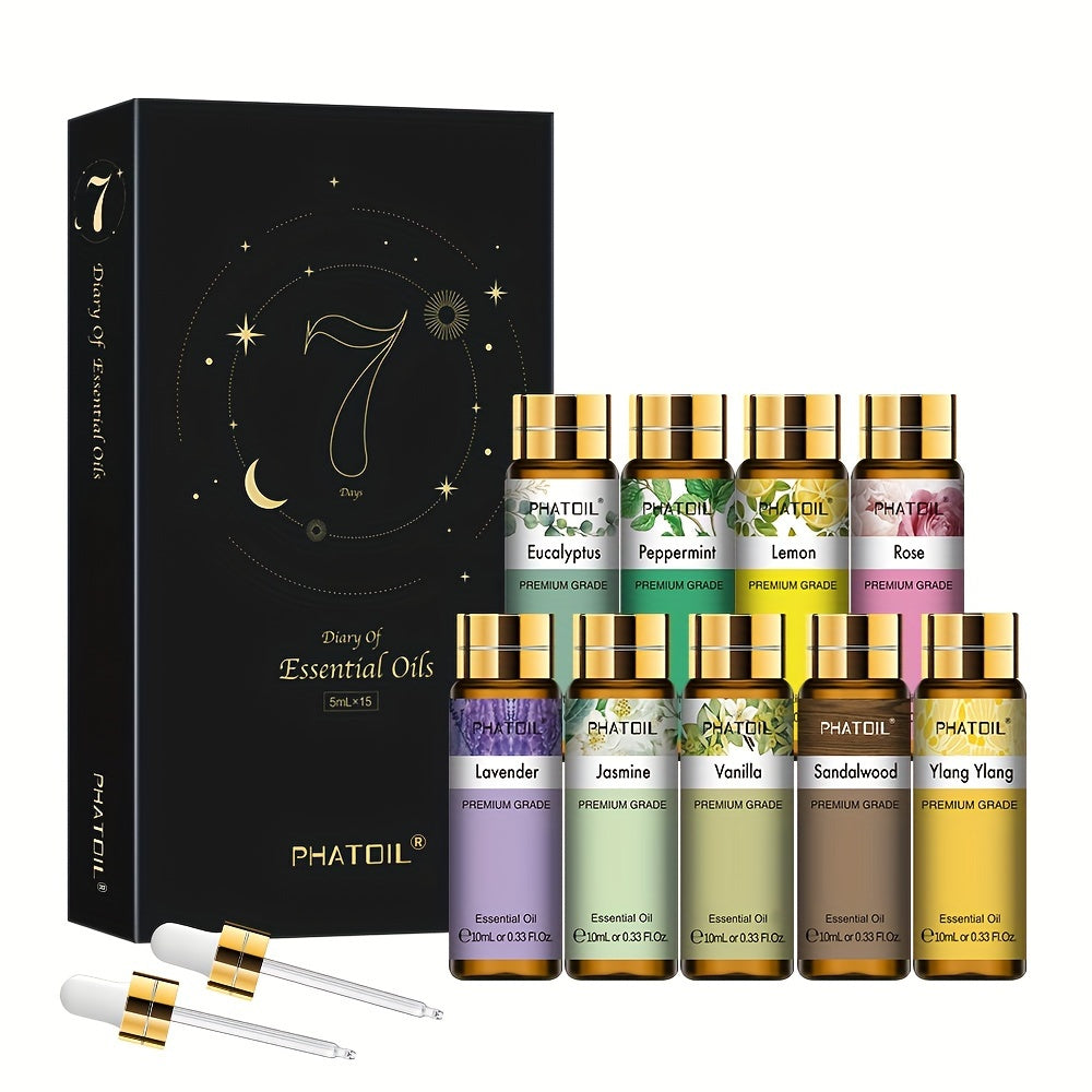 PHATOIL 9pcs 10ml/0.33Fl.Oz Essential Oils Set For Diffusers Humidifier Reed Diffuser