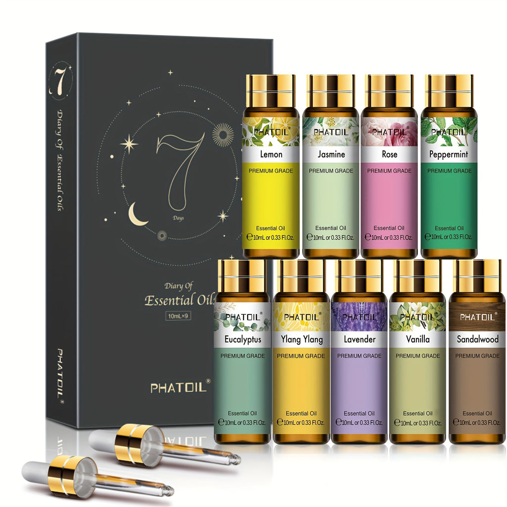 PHATOIL 9pcs 10ml/0.33Fl.Oz Essential Oils Set For Diffusers Humidifier Reed Diffuser