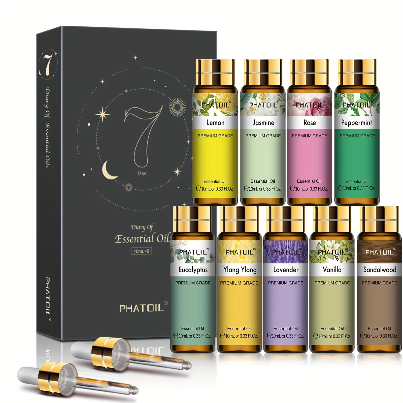 PHATOIL 9pcs 10ml/0.33Fl.Oz Essential Oils Set For Diffusers Humidifier Reed Diffuser