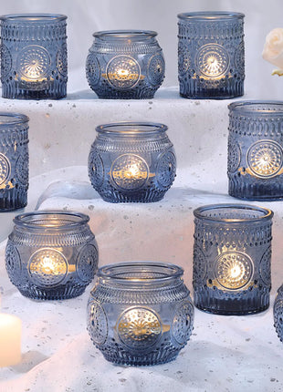 DARJEN 12Pcs Blue Votive Candle Holders - Votive Candle Holders Bulk Glass Candle Holder for Party Decoration Tea Lights Candle Holders for Wedding