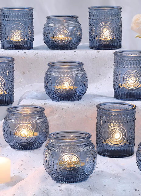 DARJEN 12Pcs Blue Votive Candle Holders - Votive Candle Holders Bulk Glass Candle Holder for Party Decoration Tea Lights Candle Holders for Wedding