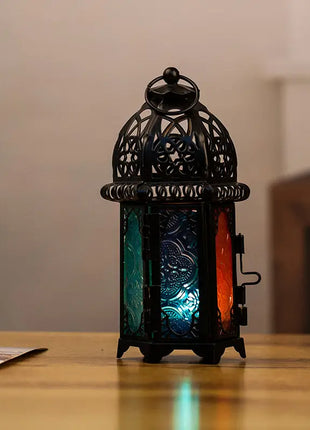 Moroccan Glass Candle Holder with Metal Wind Lamp