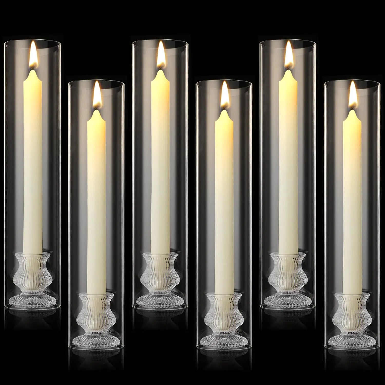 6 Sets (12 Pcs) Glass Tapered Candle Holders Glass Hurricane Candle Holder Sets Large Crystal Candle Holders Vintage Modern Fitting Candle Holder Table Sets Wedding Gift Christmas