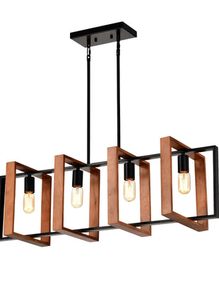 4-Light Kitchen Island Lights Pendant Light Farmhouse Dining Room Light Fixture, Rustic Wood And Black Metal Rectangular Chandelier, Hanging Lighting For Living Room,Conference Room, Home Office