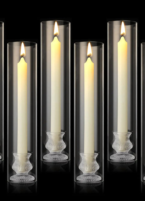 6 Sets (12 Pcs) Glass Tapered Candle Holders Glass Hurricane Candle Holder Sets Large Crystal Candle Holders Vintage Modern Fitting Candle Holder Table Sets Wedding Gift Christmas
