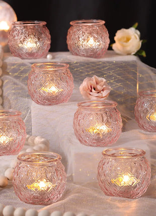 DARJEN 12Pcs Pink Votive Candle Holders - Round Glass Candle Holders for Flameless LED Tea Waxes Romantic Candle Holder for Wedding & Home Table Decor Various Parties