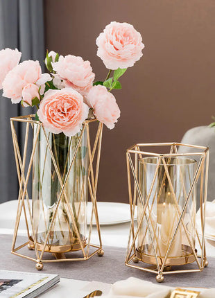 Gold Metal Candle Holder with Glass Vase for Dining Decor