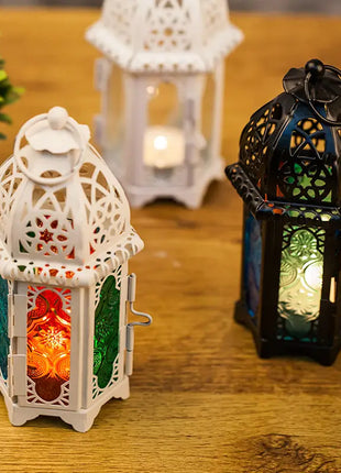 Moroccan Glass Candle Holder with Metal Wind Lamp
