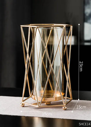 Gold Metal Candle Holder with Glass Vase for Dining Decor