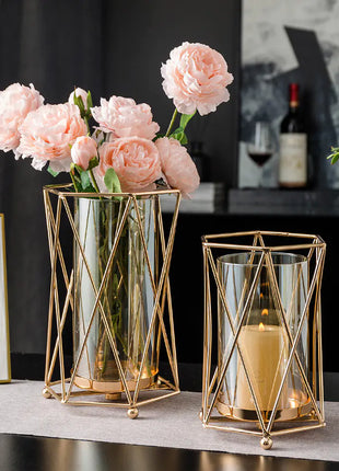 Gold Metal Candle Holder with Glass Vase for Dining Decor