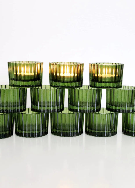 VOHO 24pcs Green Tea Lights Candle Holder for Christmas Decorations Ribbed Glass Tealight Candle Holder for Wedding Holiday/Birthday Gifts