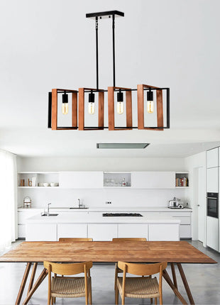 4-Light Kitchen Island Lights Pendant Light Farmhouse Dining Room Light Fixture, Rustic Wood And Black Metal Rectangular Chandelier, Hanging Lighting For Living Room,Conference Room, Home Office