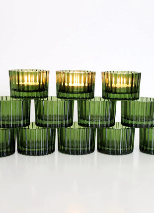 VOHO 24pcs Green Tea Lights Candle Holder for Christmas Decorations Ribbed Glass Tealight Candle Holder for Wedding Holiday/Birthday Gifts
