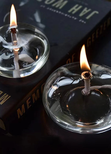 Handcrafted Flat Transparent Glass Candle Holder Oil Lamp，With a light core，Can be used as table candles，Christmas home decor at