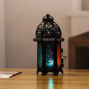 Moroccan Glass Candle Holder with Metal Wind Lamp