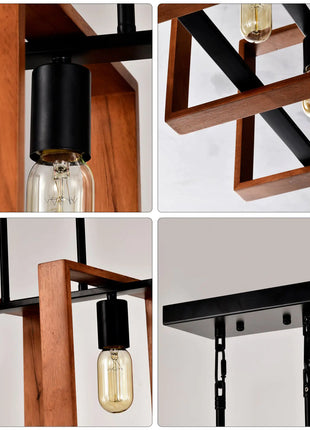 4-Light Kitchen Island Lights Pendant Light Farmhouse Dining Room Light Fixture, Rustic Wood And Black Metal Rectangular Chandelier, Hanging Lighting For Living Room,Conference Room, Home Office