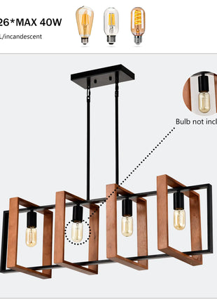 4-Light Kitchen Island Lights Pendant Light Farmhouse Dining Room Light Fixture, Rustic Wood And Black Metal Rectangular Chandelier, Hanging Lighting For Living Room,Conference Room, Home Office