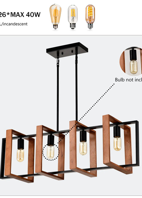 4-Light Kitchen Island Lights Pendant Light Farmhouse Dining Room Light Fixture, Rustic Wood And Black Metal Rectangular Chandelier, Hanging Lighting For Living Room,Conference Room, Home Office