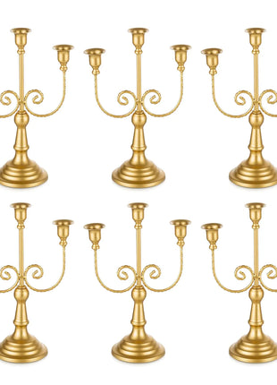 Romadedi Candelabra Gold Candle Holders - 3 Arm 11.8" Wedding Candlestick Holder for Theme Party Table Centrepiece Decor Dining Room Birthday Holiday Christmas Set of 6