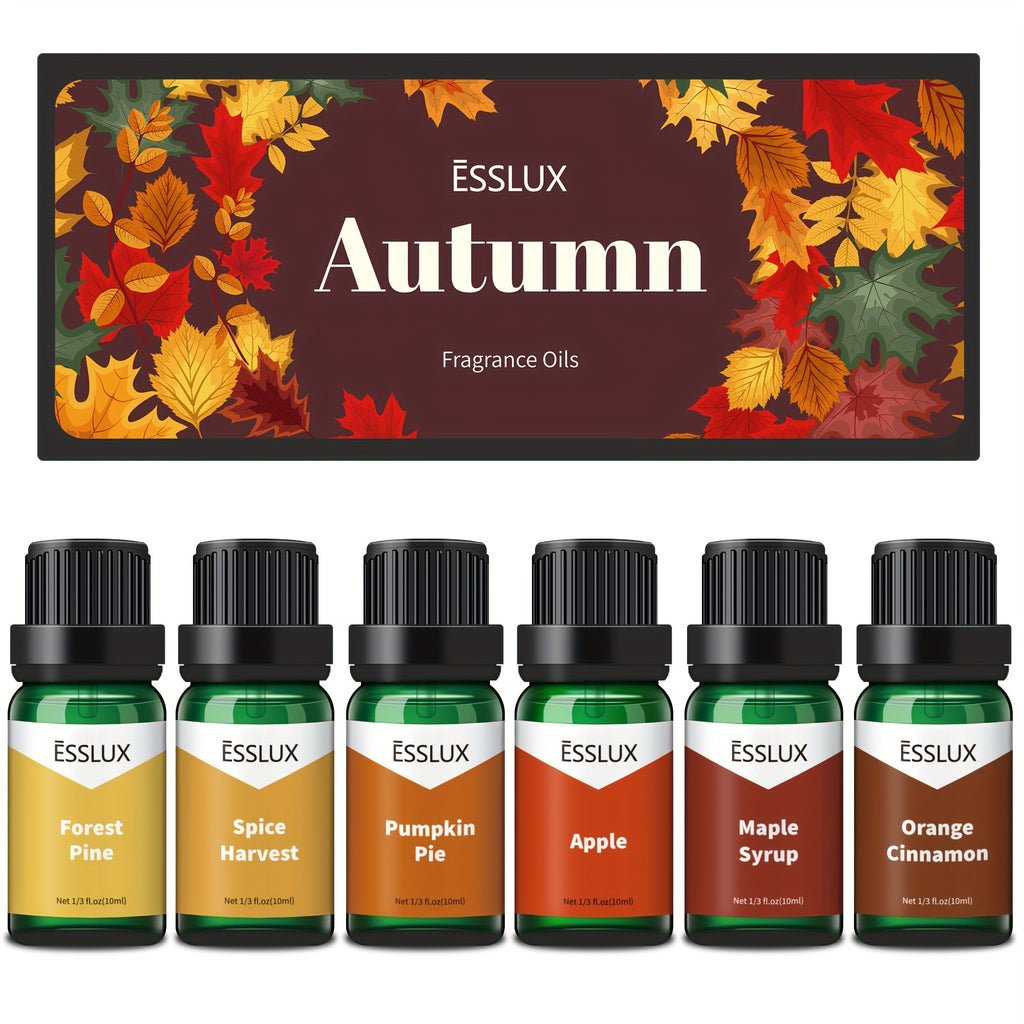 6x0.34oz Fall Fragrance Oil, ESSLUX Autumn Set Of Scented Oils, Candle Making Scents, Aromatherapy Essential Oils Gift Set For Home Diffuser, Laundry Dryer Ball, Forest Pine, Orange Cinnamon, Pumpkin Pie, Apple, Spice Harvest