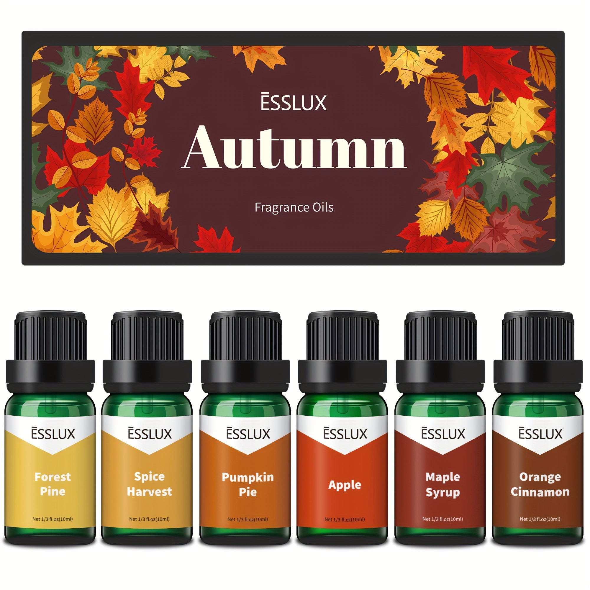 6x0.34oz Fall Fragrance Oil, ESSLUX Autumn Set Of Scented Oils, Candle Making Scents, Aromatherapy Essential Oils Gift Set For Home Diffuser, Laundry Dryer Ball, Forest Pine, Orange Cinnamon, Pumpkin Pie, Apple, Spice Harvest