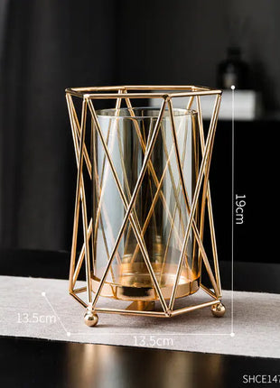 Gold Metal Candle Holder with Glass Vase for Dining Decor