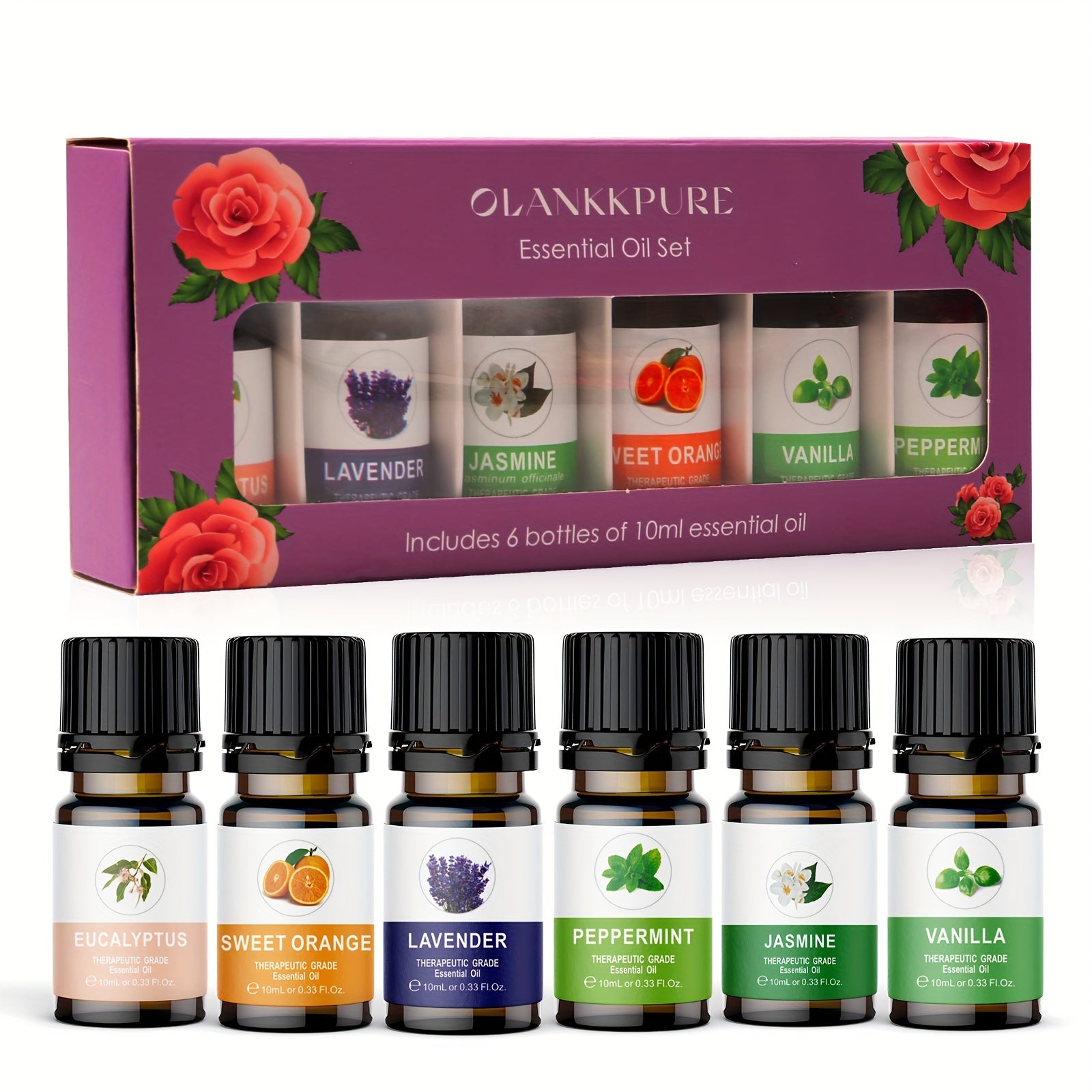 OLANKPURE Essential Oil Set of 6 - Glass Bottles Aromatherapy Oils Gift Box, Fresh Scented for Air Freshening, Includes Lavender, Jasmine, Peppermint, Eucalyptus, Sweet Orange, Vanilla Essential Oils