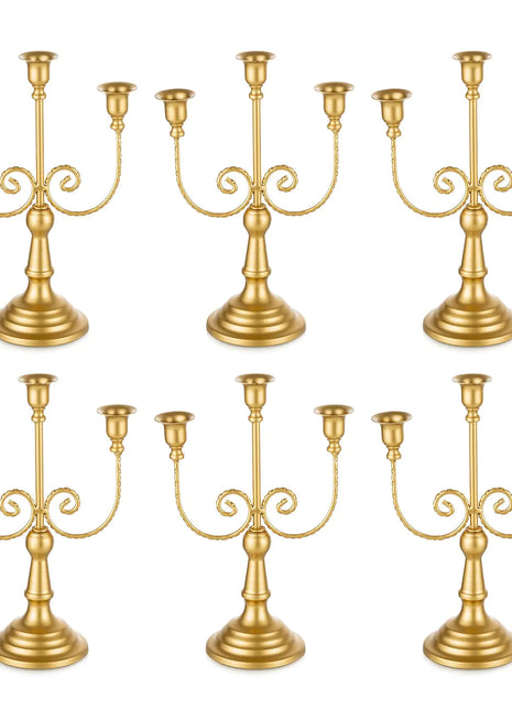 Romadedi Candelabra Gold Candle Holders - 3 Arm 11.8" Wedding Candlestick Holder for Theme Party Table Centrepiece Decor Dining Room Birthday Holiday Christmas Set of 6
