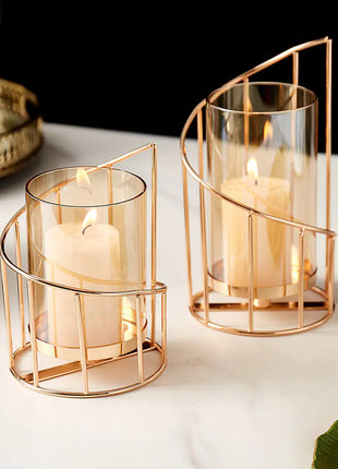 Gold Metal Candle Holder with Glass Vase for Dining Decor