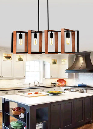 4-Light Kitchen Island Lights Pendant Light Farmhouse Dining Room Light Fixture, Rustic Wood And Black Metal Rectangular Chandelier, Hanging Lighting For Living Room,Conference Room, Home Office