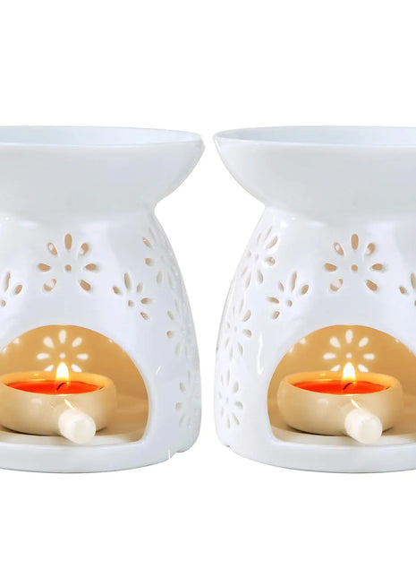 Auxmeware - Ceramic Tea Light Candle Holder Set of 2 Essential Oil Burner Wax Melt Burner Incense Aroma Diffuser Home Decor