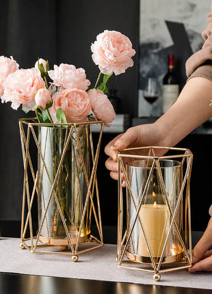 Gold Metal Candle Holder with Glass Vase for Dining Decor