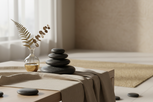 Spa wellness scene with warm beige and gold tones