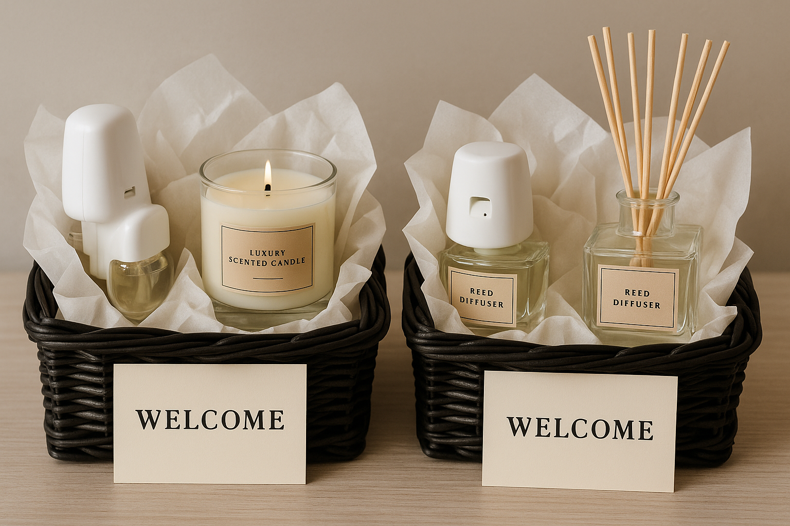 welcome baskets with wall plug in, candle, reed diffuser in a black basket 